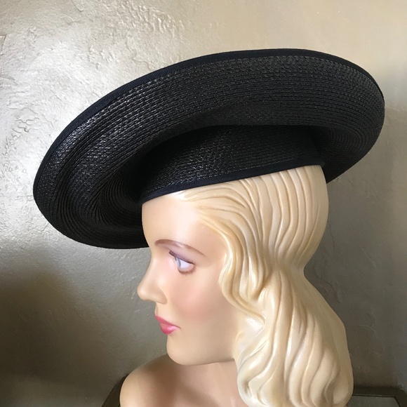 BEAUTIFUL VINTAGE BLACK STRAW WIDE BRIM HAT WITH MUSTARD COLOR MARABOU FEATHERS main image 10